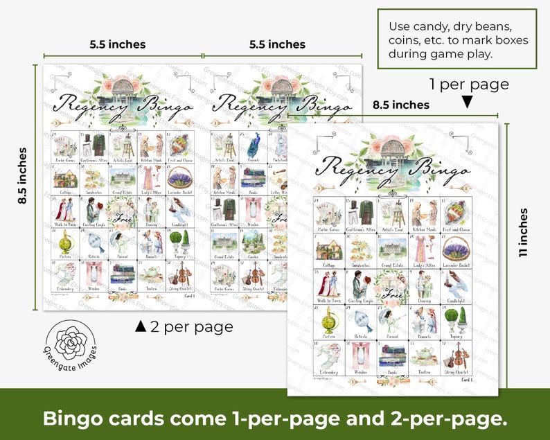 May include: Regency Bingo game cards featuring watercolor illustrations of historical items. The cards are available in two formats: 5.5 inches by 8.5 inches for two per page, and 8.5 inches by 11 inches for one per page. Includes a free space and text.