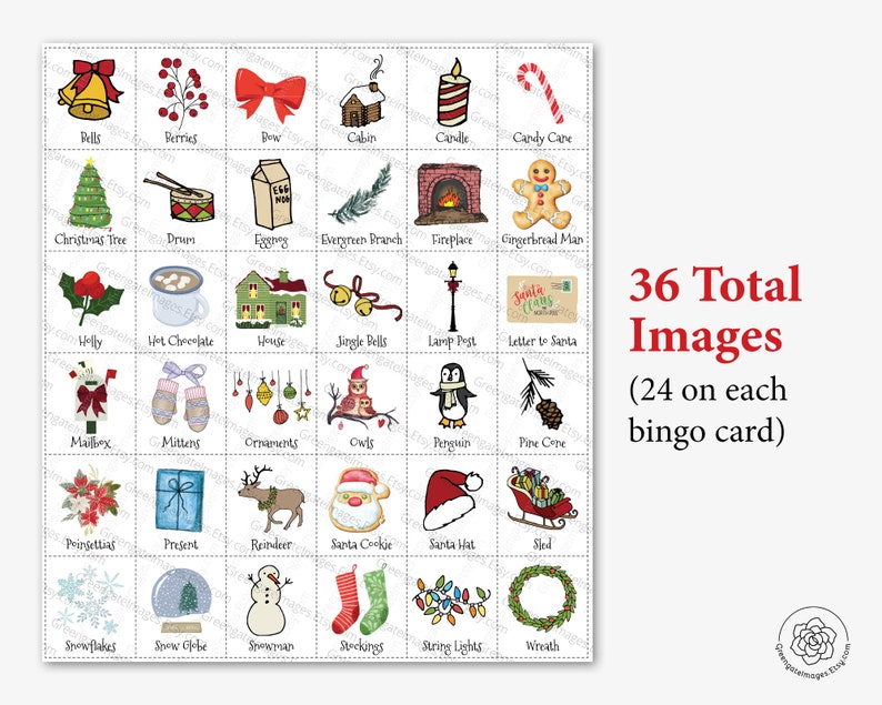 Christmas/Holiday Bingo Cards: Printable bingo, 50 cards, senior citizen activity, kids game, activity, bingo with pictures, color bingo image 4