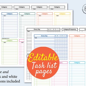 Printable Task List - Editable List Page, Color and Black White Version ...