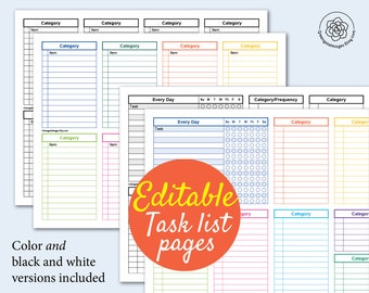 Printable Task List - Editable List Page, Color and Black White Version, To Do Lists, Fillable PDF, List Template, Organization Planning