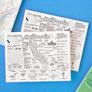 May include: Two black and white California state educational activity sheets with a map, state symbols, and facts. The sheets are on a blue surface with map fragments.