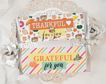 Thanksgiving/Fall Candy Bar Wrappers - PRINTABLE candy bar wrapper, Thankful for you, pdf download, grateful for you, thank you gift ideas