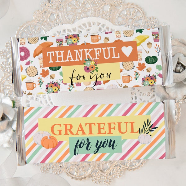 Thanksgiving/Fall Candy Bar Wrappers - PRINTABLE Hershey bar wrapper, Thankful for you, téléchargement pdf, reconnaissant pour vous, merci idées cadeaux