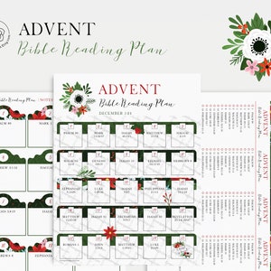 Op de afbeelding: Een afdrukbaar Advent-Bijbelleesplan met een groen en rood bloemmotief. Het plan bevat dagelijkse lezingen van 1 tot en met 24 december.