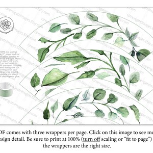 May include: A printable PDF with three cupcake wrappers per page, featuring a watercolour design of green eucalyptus leaves and branches. The wrappers are designed to be cut and assembled for baked cupcakes.