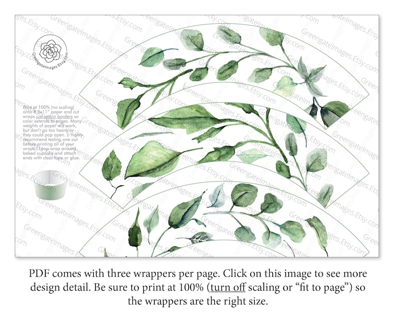 May include: A printable PDF with three cupcake wrappers per page, featuring a watercolour design of green eucalyptus leaves and branches. The wrappers are designed to be cut and assembled for baked cupcakes.