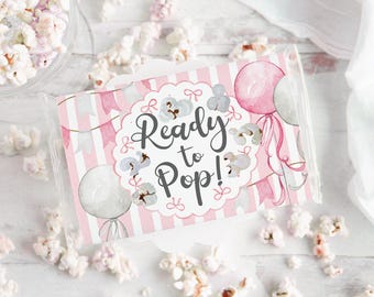 Baby Shower Popcorn Wrapper - PRINTABLE microwave popcorn wrapper. She's ready to pop shower favor. Striped it's a girl birth announcement.