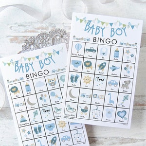 Bingokaarten babyjongen: AFDRUKBARE bingokaarten, babyshowerbingo, set van 50 kaarten, kleurenfotobingo, blauw babyshowerspel-activiteitidee