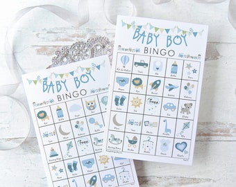 Baby Boy Bingo Cards: PRINTABLE bingo cards, baby shower bingo, set of 50 cards, color picture bingo, blue baby shower game activity idea