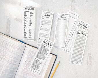 May include: A set of printable Bible reading trackers. The trackers include a list of books of the Bible, a tracker for the Gospels, a tracker for the book of Psalms, a tracker for Scripture passages, and a tracker for memorizing verses. The trackers are printed on white paper with black ink.