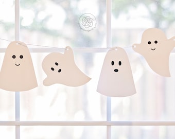 Halloween Ghost Garland - printable banner, halloween printable, ghost bunting flags. black and white ink-saving decor, kids halloween, pdf