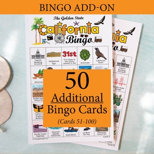 ADICIONAL: 50 cartelas adicionais de Bingo da Califórnia (numeradas de 51 a 100) para acompanhar o jogo original, vendido separadamente