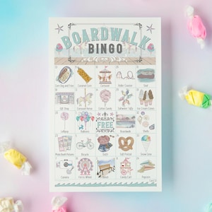 Beach Boardwalk Bingo: 50 Karten zum Ausdrucken. Sofortiger digitaler Download PDF. Lustige Aktivität Karneval am Meer Karneval Vergnügungspark Geburtstagsparty.