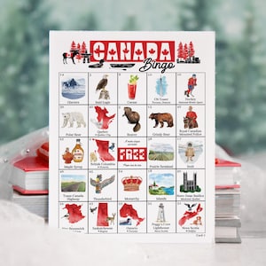 May include: A red and white bingo card with Canadian themed images and text. The card has a free space in the center and is labeled "Canada Bingo".