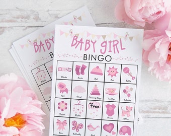 Baby Girl Bingo Cards: PRINTABLE bingo cards, baby shower bingo, set of 50 cards, color picture bingo, pink baby shower game activity idea