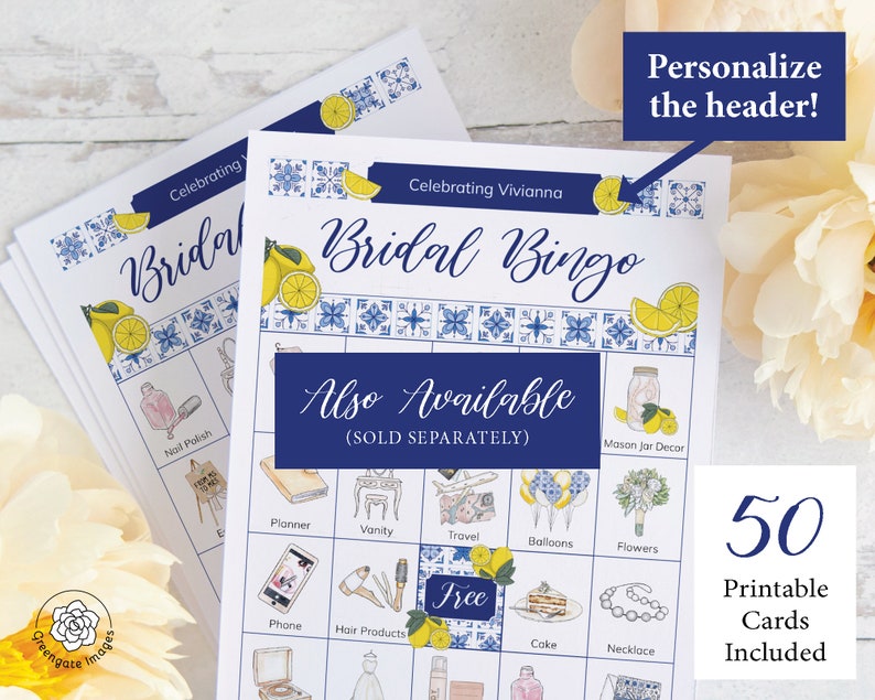 May include: A printable bridal bingo card with a blue and white tiled pattern and lemons. The card has squares with images of items commonly associated with weddings, such as a mason jar, hair products, and a cake. The text "Celebrating Vivianna Bridal Bingo" is at the top of the card. The text "Also Available (SOLD SEPARATELY)" is below the bingo card. The text "50 Printable Cards Included" is in the bottom right corner of the image.