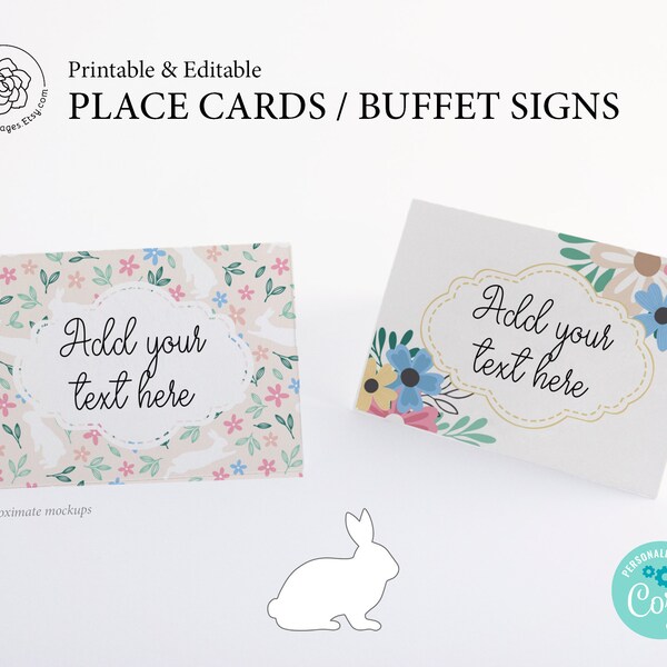 Bunnies & Flowers Place Cards - PRINTABLE buffet sign, Editable in Corjl, party food label, buffet cards, table tent, folded signs, floral