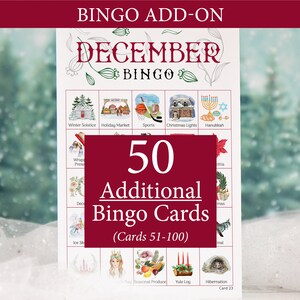ADICIONAL: 50 cartelas adicionais de Bingo de dezembro (numeradas de 51 a 100) para acompanhar o jogo original, vendido separadamente