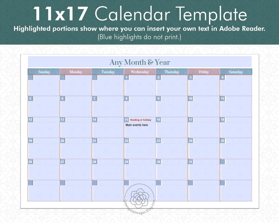 Editable 11x17 Calendar Template Fall Colors Calendar Any Etsy Finland