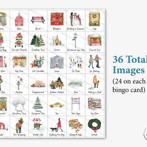 May include: A set of 36 watercolor illustrations of winter scenes, perfect for creating bingo cards. The images include a variety of winter activities, such as ice skating, building a snowman, and shopping for a Christmas tree.  There are 24 images on each bingo card.