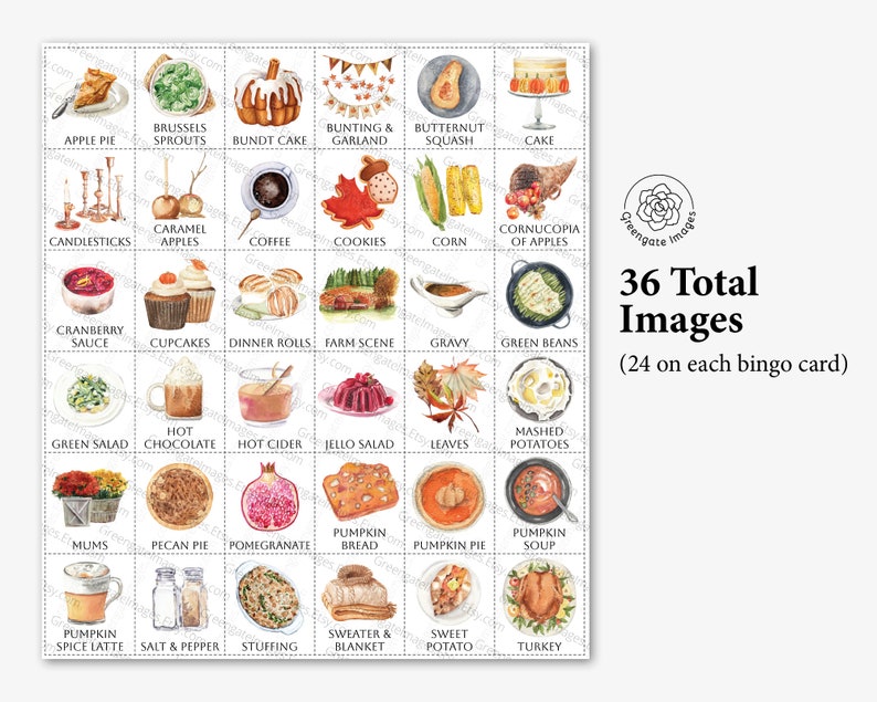 Thanksgiving Bingo Cards 50 PRINTABLE unique cards in PDF, senior citizen activity, kids game all ages, large print text w/ color pictures 画像 5