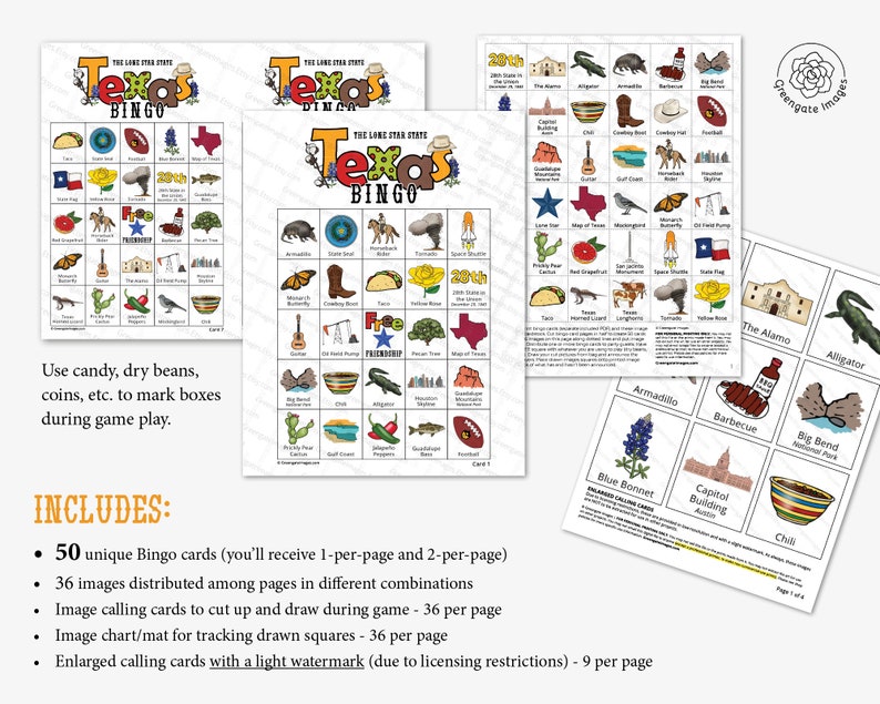 Texas Bingo Cards - 50 PRINTABLE Unique Cards You Download Instantly ...