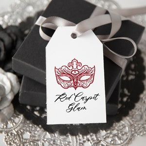 RED Masquerade Gift Tag Template - PRINTABLE Corjl editable favor hang tag. Mardi Gras masquerade ball, sparkly Venetian mask, birthday.