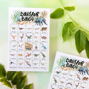 Dinosaurusbingo: 50 AFDRUKBARE unieke kaarten in pdf. Educatieve spelactiviteit voor kinderen, gelabelde kleurenfoto's, verjaardagsidee voor dino-reptieljongen.
