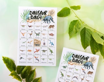 Dinosaur Bingo - 50 PRINTABLE unique cards in PDF. Kids educational game activity, labeled/numbered color pictures, dino boy birthday idea.