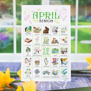 April Bingo - 50 PRINTABLE unique cards. Instant digital download PDF. Fun monthly activity for spring, potlucks, seniors, and homeschool.