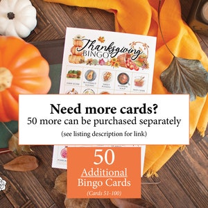 Thanksgiving Bingo Cards 50 PRINTABLE unique cards in PDF, senior citizen activity, kids game all ages, large print text w/ color pictures 画像 7