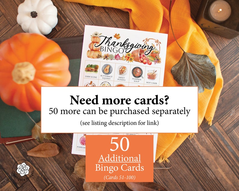 Thanksgiving Bingo Cards 50 PRINTABLE unique cards in PDF, senior citizen activity, kids game all ages, large print text w/ color pictures 画像 7