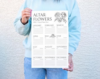 Poster kerkbloemen: 11 x 17 en 24 x 36 inch, altaarbloemen, inschrijvingen bloemen, kerkjaar, 12 maanden poster, bord kerkdiensten, bewerken in Corjl