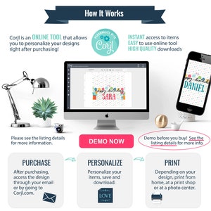 Puede incluir: Un gr&aacute;fico que muestra c&oacute;mo usar la herramienta en l&iacute;nea Corjl para personalizar e imprimir dise&ntilde;os. La imagen muestra una pantalla de computadora con un dise&ntilde;o de tarjeta de cumplea&ntilde;os que dice "Feliz cumplea&ntilde;os Sara" y una pantalla de tel&eacute;fono inteligente con un dise&ntilde;o de tarjeta de cumplea&ntilde;os que dice "Feliz cumplea&ntilde;os Daniel". La imagen tambi&eacute;n incluye texto que explica los pasos involucrados en la compra, personalizaci&oacute;n e impresi&oacute;n de los dise&ntilde;os.
