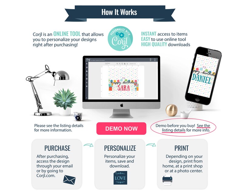 Puede incluir: Un gr&aacute;fico que muestra c&oacute;mo usar la herramienta en l&iacute;nea Corjl para personalizar e imprimir dise&ntilde;os. La imagen muestra una pantalla de computadora con un dise&ntilde;o de tarjeta de cumplea&ntilde;os que dice "Feliz cumplea&ntilde;os Sara" y una pantalla de tel&eacute;fono inteligente con un dise&ntilde;o de tarjeta de cumplea&ntilde;os que dice "Feliz cumplea&ntilde;os Daniel". La imagen tambi&eacute;n incluye texto que explica los pasos involucrados en la compra, personalizaci&oacute;n e impresi&oacute;n de los dise&ntilde;os.