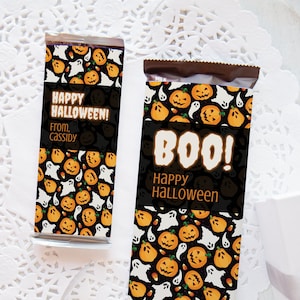 Candy Bar Wrappers - Custom Hershey wrap, Halloween candy bar jack-o-lanterns ghosts editable in Corjl, personalized candy label, large size