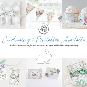 May include: Printable Easter party decorations with a floral pattern. Includes cupcake wrappers, water bottle labels, favor bags, gift tags, and a banner. The text on the labels says "Happy Easter" and "Add your text here".