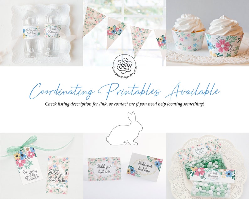 May include: Printable Easter party decorations with a floral pattern. Includes cupcake wrappers, water bottle labels, favor bags, gift tags, and a banner. The text on the labels says "Happy Easter" and "Add your text here".