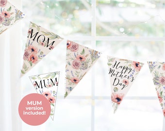 Mother's Day Bunting - PRINTABLE floral banner PDF. Mom's/Mum's birthday, other mom events. Peach poppies lavender greenery. UK version.