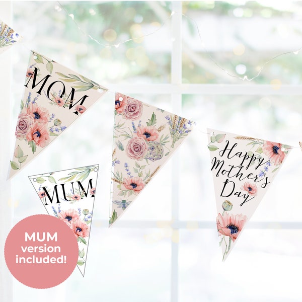 Mother's Day Bunting - PRINTABLE floral banner PDF. Mom's/Mum's birthday, other mom events. Peach poppies lavender greenery. UK version.