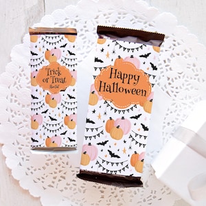 Emballages de barres chocolatées d&#39;Halloween - Emballages de chocolat personnalisés, modifiables en corjl, étiquette de bonbons personnalisée, grande taille, jolie pêche notre petite citrouille