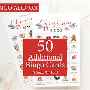 ADICIONAL: 50 cartões adicionais de Cozy Christmas Bingo (numerados de 51 a 100) para acompanhar o jogo original, vendido separadamente