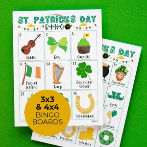 Op de afbeelding: Twee printbare St. Patrick's Day bingokaarten. De kaarten zijn groen en wit met verschillende afbeeldingen, waaronder een viool, een strik, een cupcake, een klavertjevier, een kabouter, laarzen en ballonnen. De kaarten zijn gelabeld met "3x3 & 4x4 Bingo Boards".