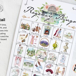 May include: A Regency Bingo game board printed on white paper featuring a grid of twenty-five squares. Each square contains a watercolor illustration and a label such as Cottage, String Quartet, Fireplace, Teatime, Dancing, and Garden.