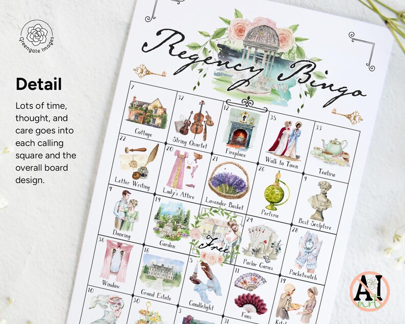 May include: A Regency Bingo game board printed on white paper featuring a grid of twenty-five squares. Each square contains a watercolor illustration and a label such as Cottage, String Quartet, Fireplace, Teatime, Dancing, and Garden.