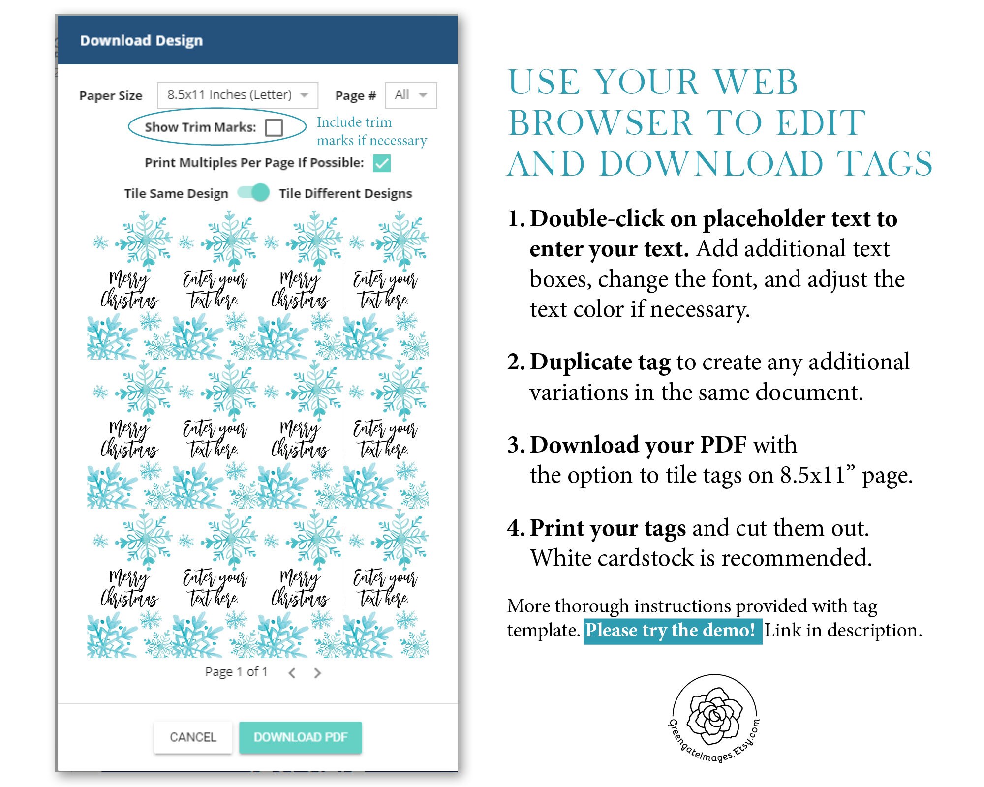 Snowflake Gift Tags Corjl Editable Favor Tags Printable Etsy