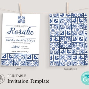 Talavera Party Invitation - CORJL template, 5x7 invite, bridal shower ideas, azulejos spanish, Mediterranean, blue and white tile, italian