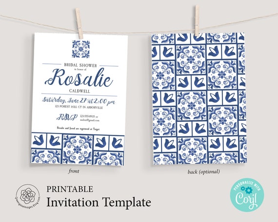 Talavera Party Invitation - CORJL template, 5x7 invite, bridal shower ideas, azulejos spanish, Mediterranean, blue and white tile, italian