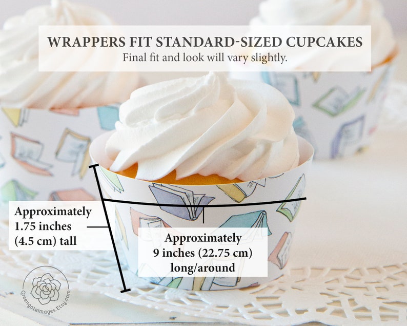 May include: White cupcake with a book-themed wrapper. The wrapper has a colorful pattern of books and is approximately 9 inches (22.75 cm) long and 1.75 inches (4.5 cm) tall.