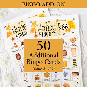ADICIONAL: 50 cartões adicionais Honey Bee Bingo (numerados de 51 a 100) para acompanhar o jogo original, vendido separadamente
